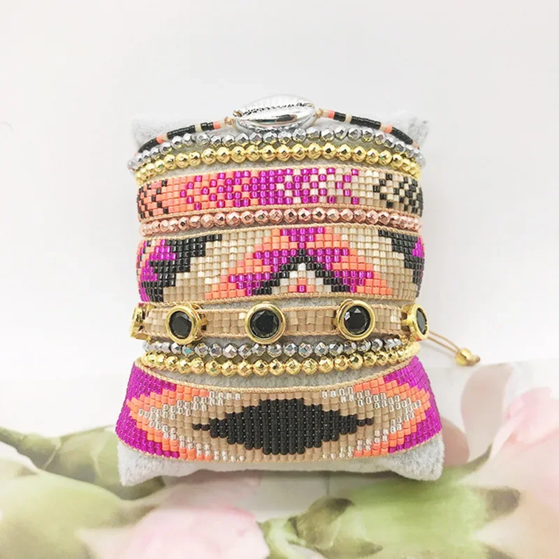 

Beaded bracelet Simple Geometry Design Tide Hand knitting Bohemia Adjustable Multilayer Sea shell Rice bead bracelet set