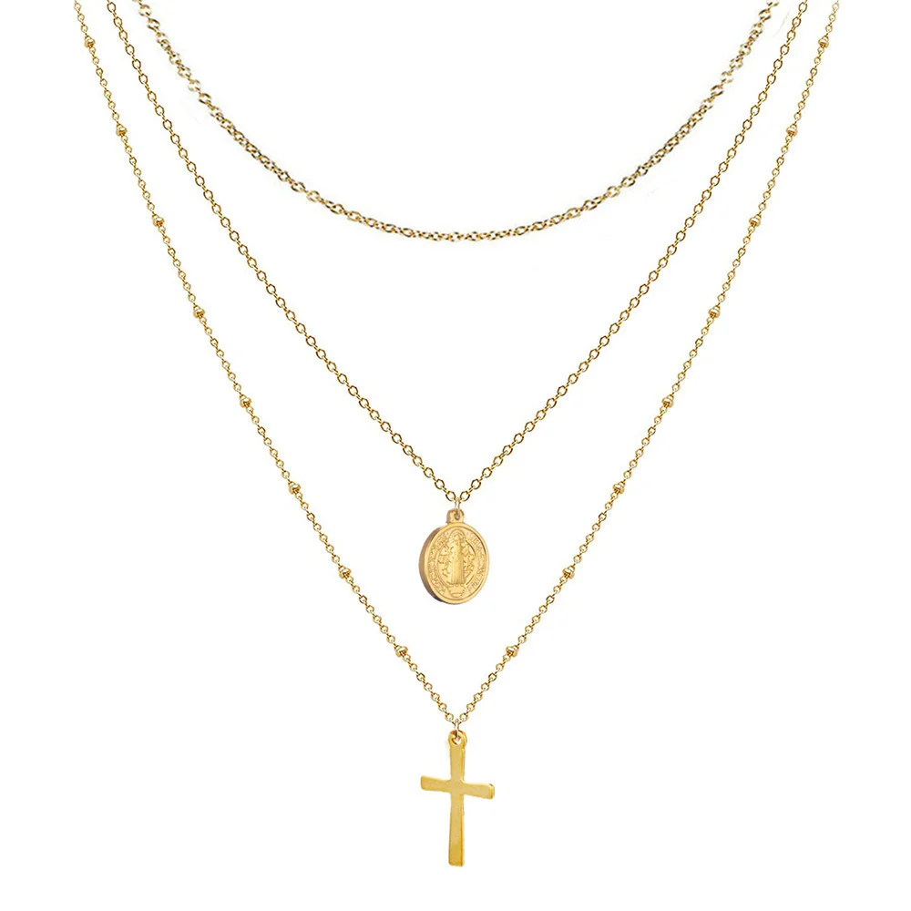 

Layered Choker Necklaces Gold Silver Color Stainless Steel Dainty Cross Virgin Mary Pendant 3 Layer Chain Necklaces For Women