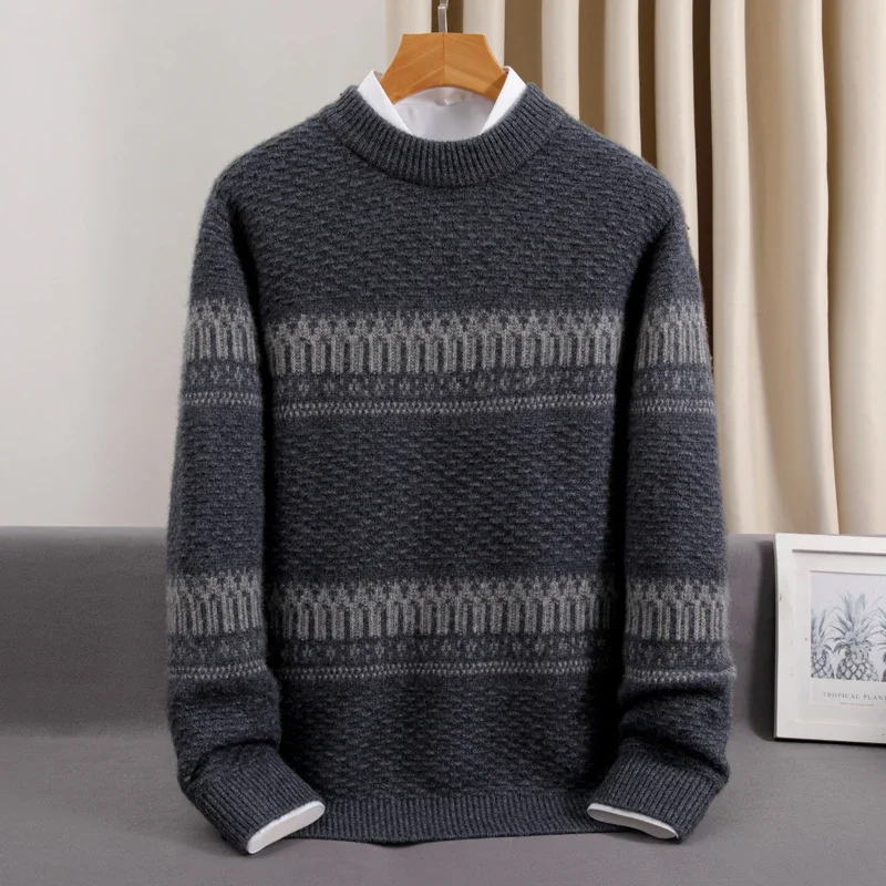 

New Arrival Autumn and Winter Men's Round Neck Jacquard Thickened Knitwear High Grade 100% Cashmere Sweater Plus Size S-5XL 6XL