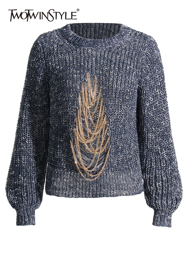TWOTWINSTYLE Hollow Out Sweater For Women Round Neck Long Sleeve Knitting Patchwork Chain Casual Sweaters Female Autumn 2022 New
TWOTWINSTYLE Hollow Out Sweater For Women Round Neck Long Sleeve Knitting Patchwork Chain Casual Sweaters Female Autumn 2022 New