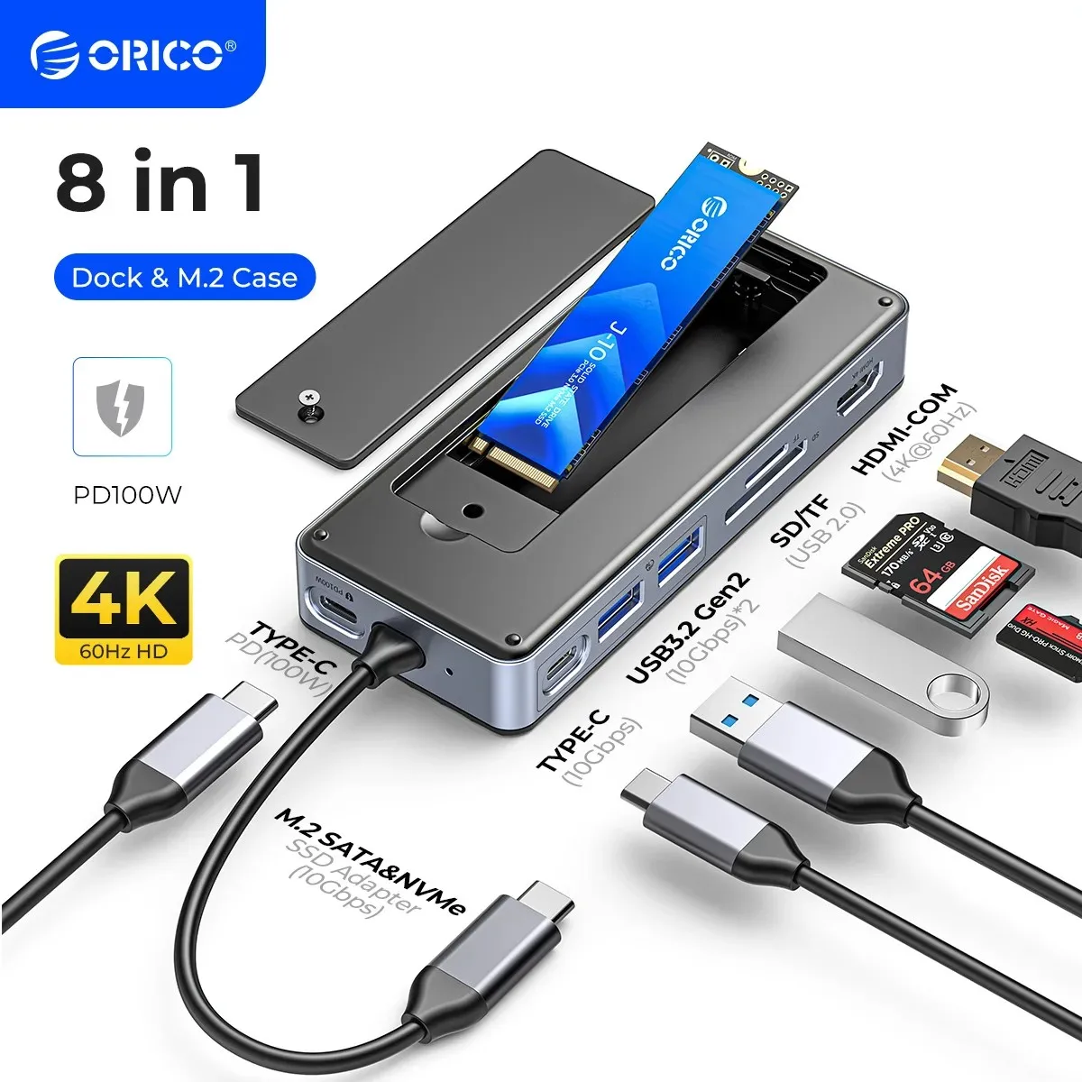 ORICO M.2 NVME SSD 8TB Max SSD Enclosure Type-C HUB with Laptop Docking Station with 4K 60Hz HDMI-Com PD 100W RJ45 SD/TF 10Gbps
ORICO M.2 NVME SSD 8TB Max SSD Enclosure Type-C HUB with Laptop Docking Station with 4K 60Hz HDMI-Com PD 100W RJ45 SD/TF 10Gbps