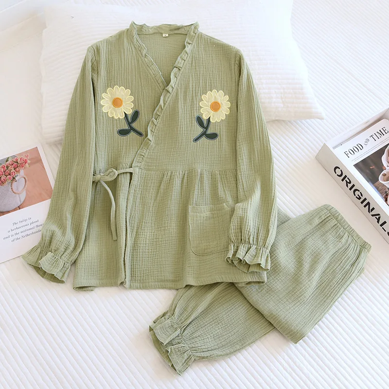 Spring and summer new Japanese kimono two-piece set ladies 100% cotton crepe pajamas long-sleeved trousers set loose home wear
Spring and summer new Japanese kimono two-piece set ladies 100% cotton crepe pajamas long-sleeved trousers set loose home wear