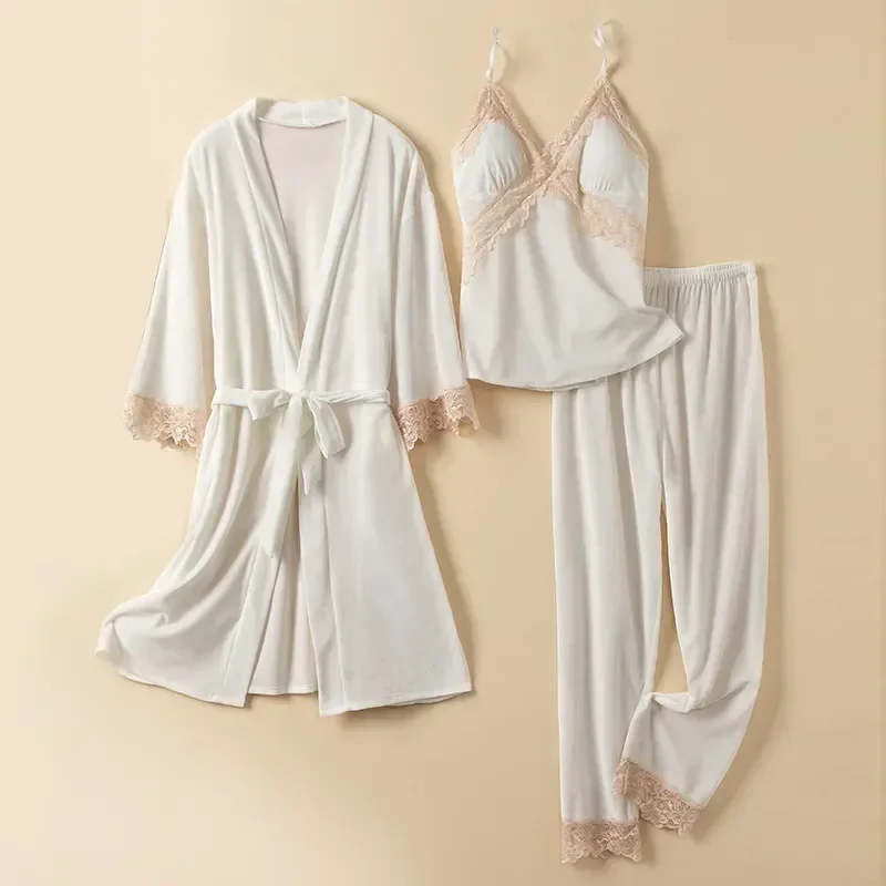 

Autumn Lace Cami&pant&bathrobe Velvet Three Piece Warm Sleepwear Suit Pijamas Women Set Velour Pajamas Nightwear Loungewear