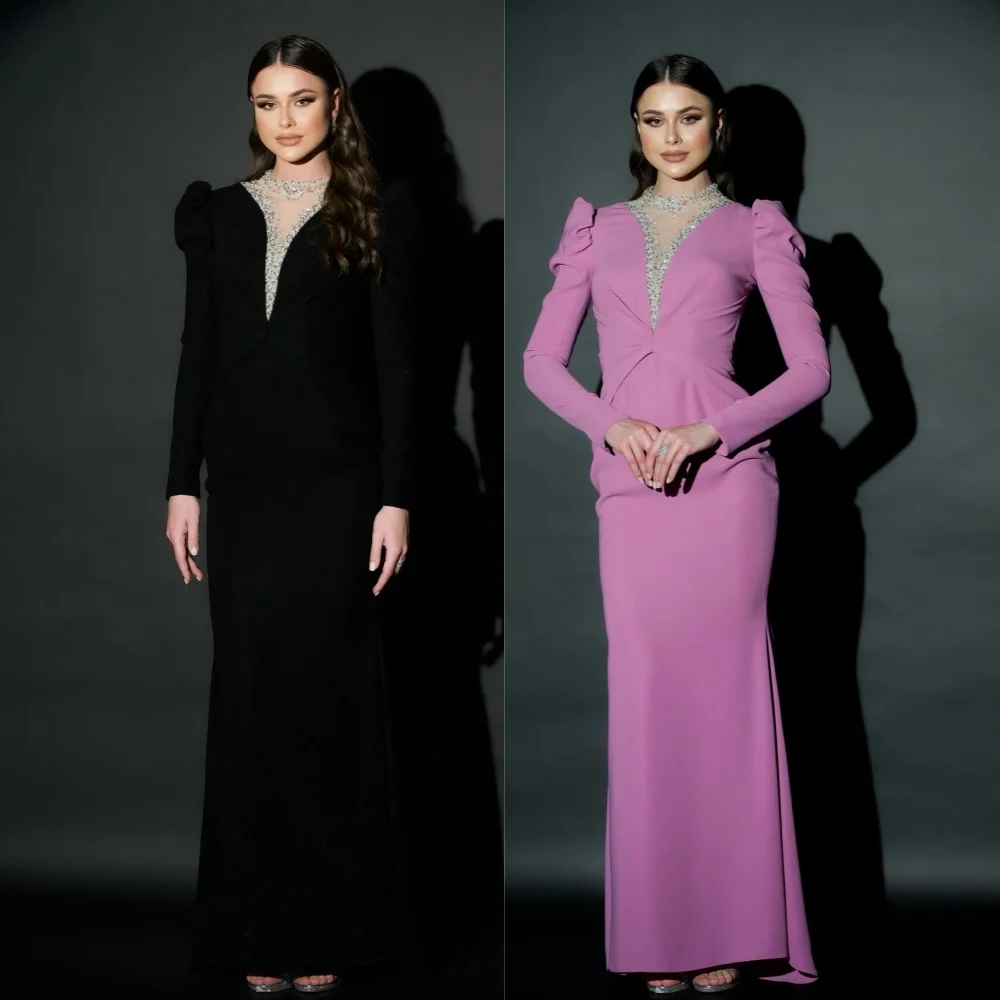 

Evening Prom Dress Saudi Arabia Jersey Draped Pleat Sequined Birthday A-line High Collar Bespoke Occasion Gown Long Dresses