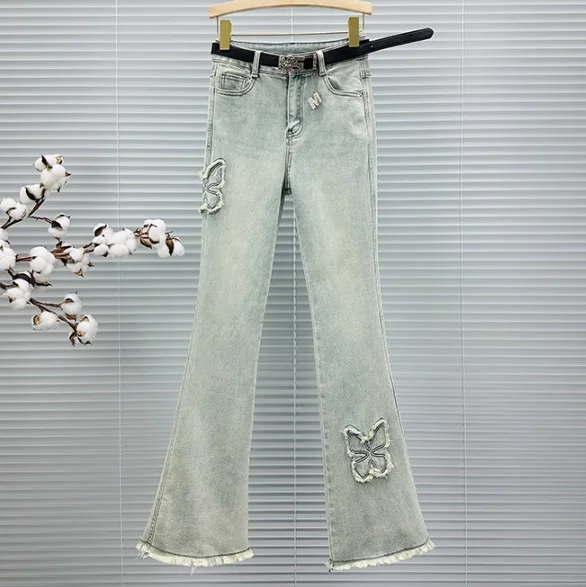 

Women's Flared Jeans New Spring Summer Long Trousers 2024 High Waist Slim-Fit All-Matching Raw Embroidery Bootcut Trousers Pants