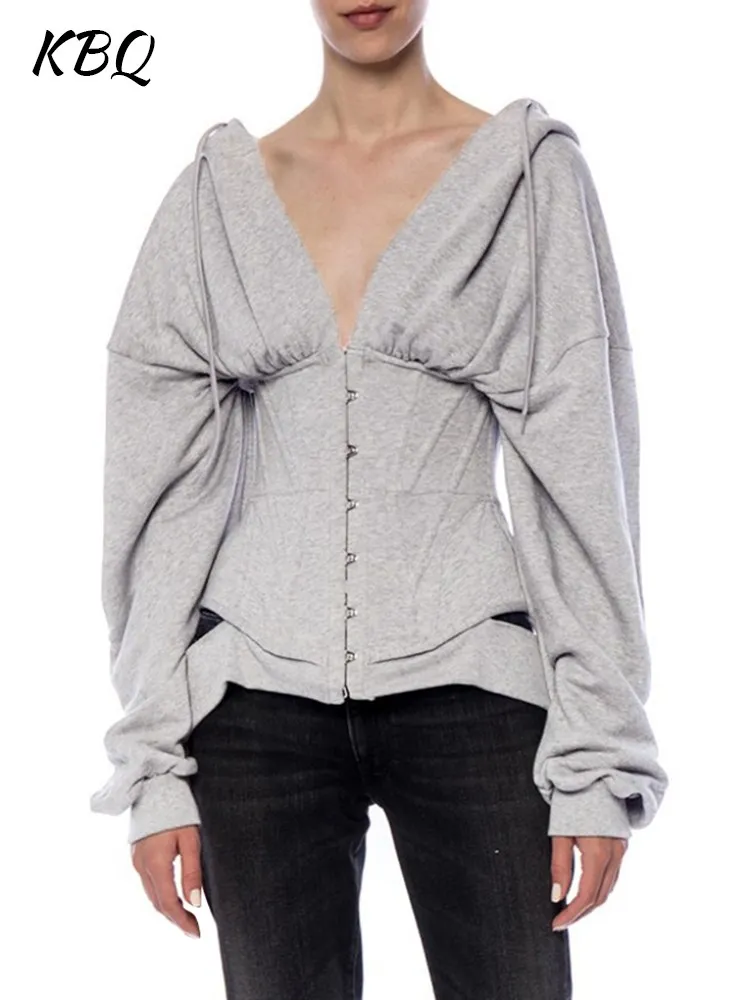 

KBQ Casual Folds Sweatshirt For Women Hooded Long Sleeve Spliced Drawstring Tunic Solid Chic Sweatshirts Female Fashion Style