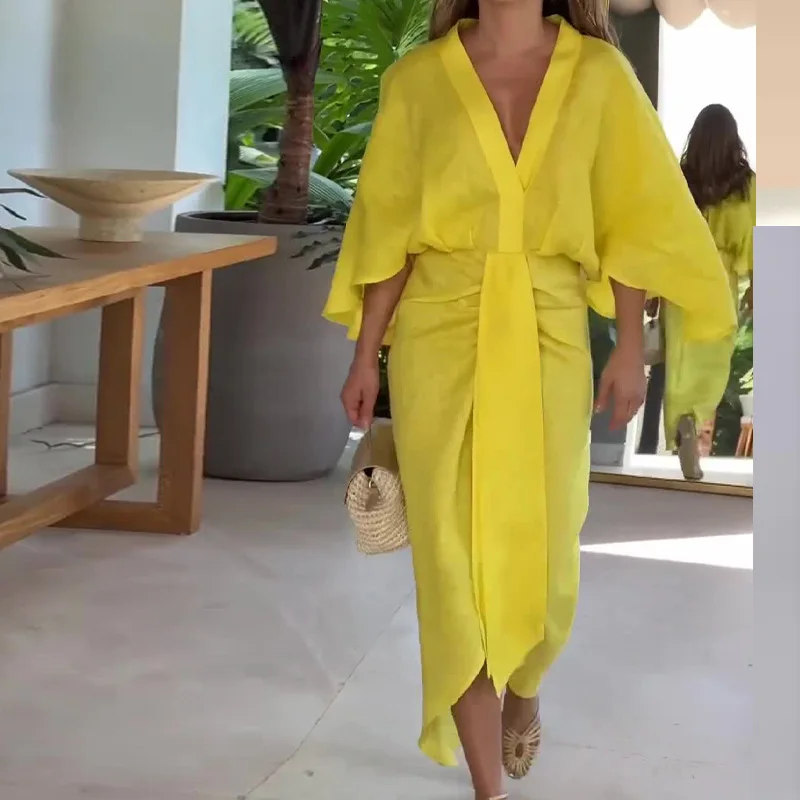 Spring Solid Deep V Neck Office Lady Dress Elegant High Waist A-Line Long Dress Autumn 3/4 Batwing Sleeve Women Pullover Dresses
Spring Solid Deep V Neck Office Lady Dress Elegant High Waist A-Line Long Dress Autumn 3/4 Batwing Sleeve Women Pullover Dresses