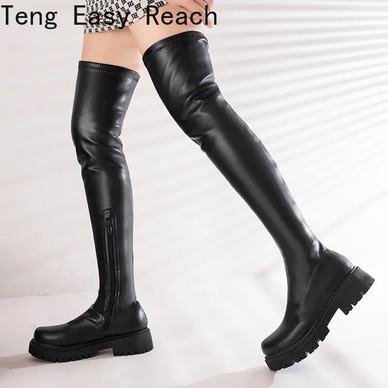 

2023 Black Self-cultivation Boots Women Sexy Chunky Gothic Shoes Autumn Winter Knee High Boot Punk Heels Long Tall Shoes Ladies
