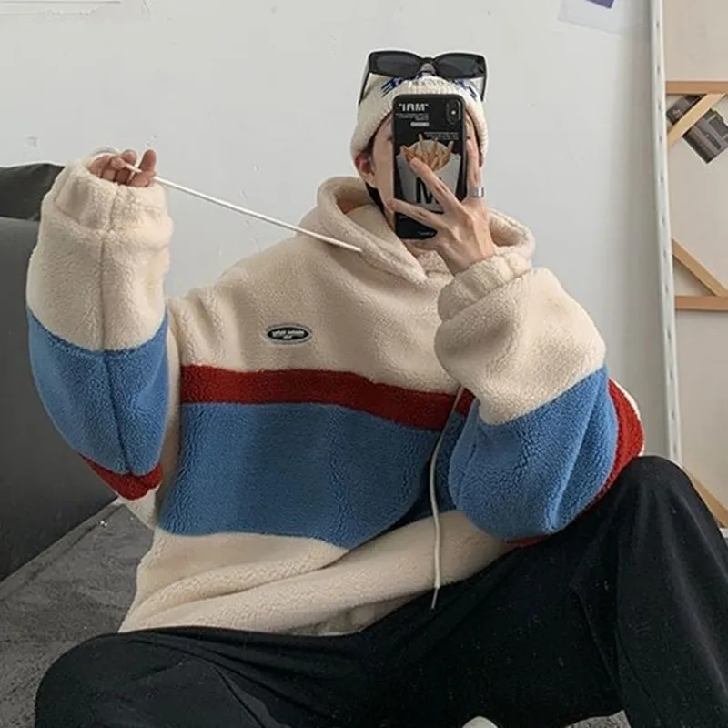 Japanese and Korean Style Fashion Fleece Hoodies Men's Splice Stripe Hooded Sweatshirt Men's Loose Coat Student Casual Top Pullo Japanese and Korean Style Fashion Fleece Hoodies Men's Splice Stripe Hooded Sweatshirt Men's Loose Coat Student Casual Top Pullo