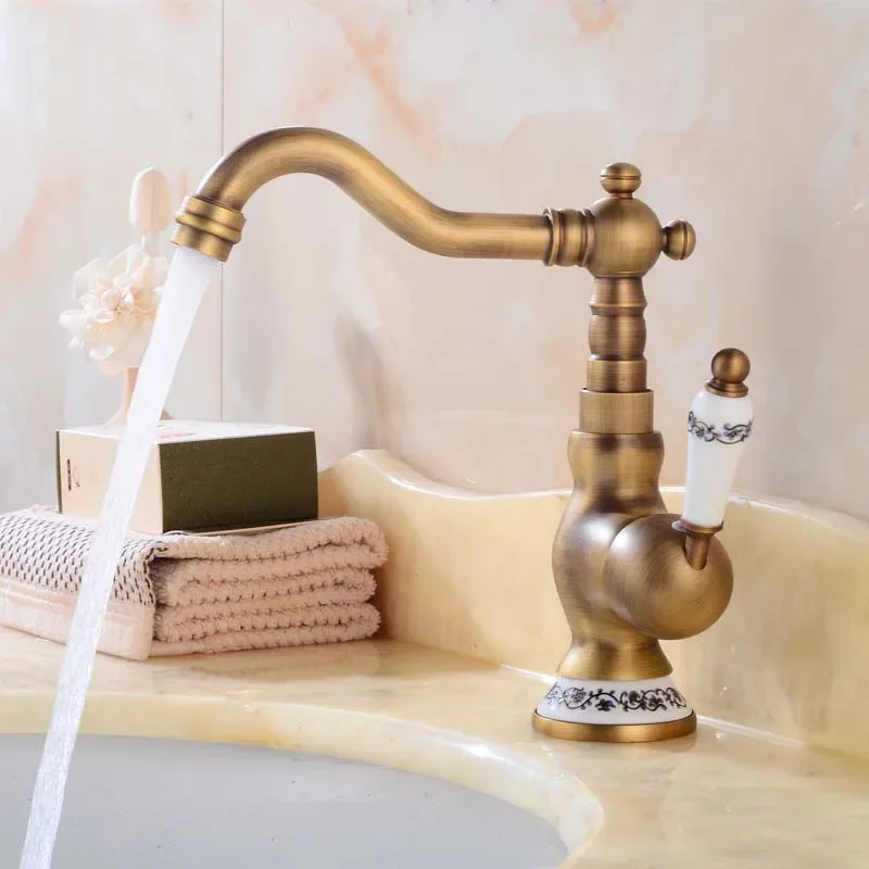 

Bathroom Sink Basin Faucets Contemporary Antique Brass Faucet Mixer Tap Rotate Single Handle Hot Cold Crane Bathroom Accessories