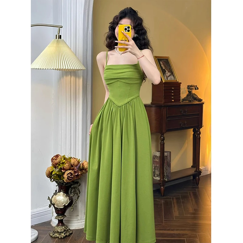 

2024 Summer Backless Slash Neck Green Suspender Midi Dresses Women's Sweet Style Slim Fit Solid Color Chic Pleated Dress