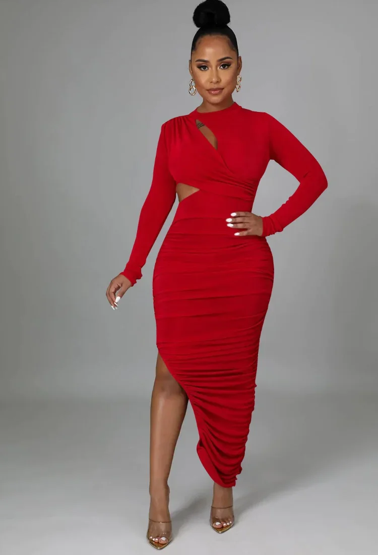 

WUHE Cutout Front Long Sleeve Ruched Up High Side Slit Bodycon Midi Maxi Dress Autumn Winter Sexy Fashion Women Party Vestidos