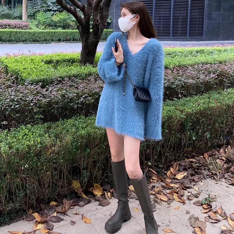 

Women's Autumn Winter Long Sleeve V Neck Fuzzy Long Sweater Lady Faux Mink Hair Solid Color Loose Pullover Jumper