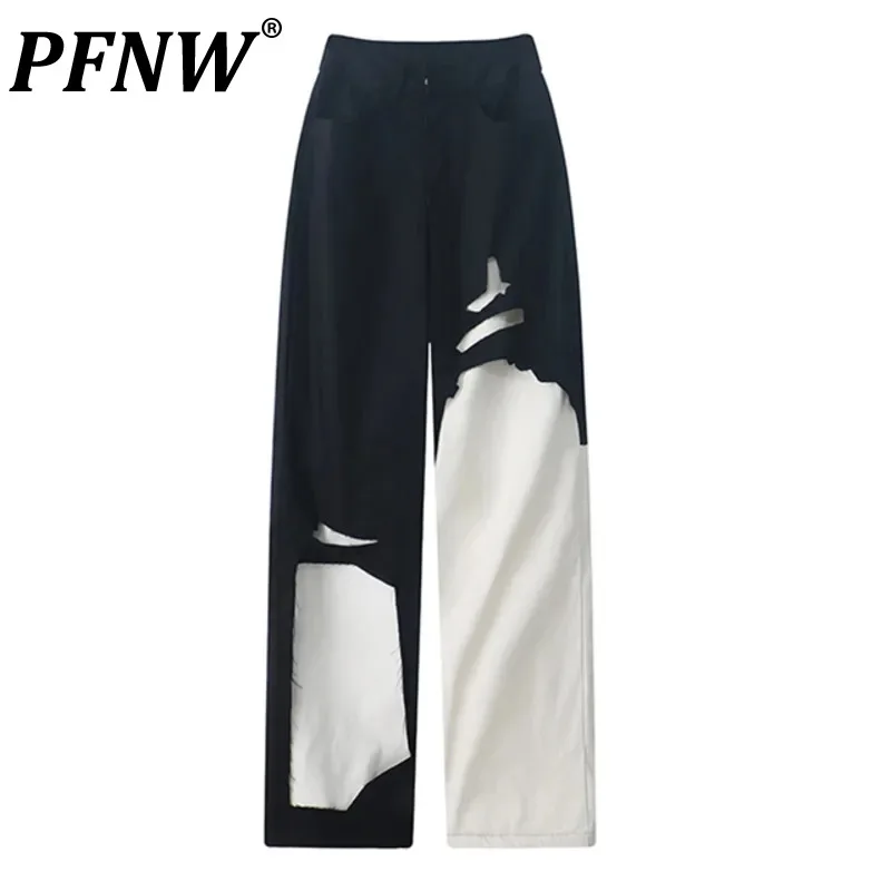 

PFNW Patchwork Color Contrast Hole Straight Trousers Spring Autumn New American Style High Street Niche Design China-Chic CP1907