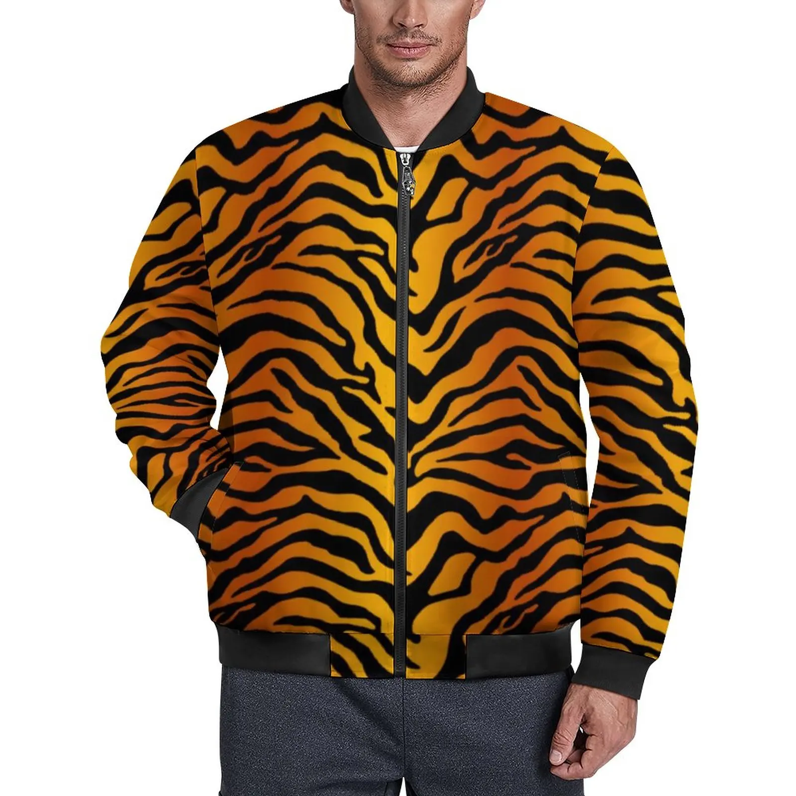 

Tiger Print Casual Jackets Men Black Stripes Coats Autumn Streetwear Jacket Zipper Design Outerwear Windbreak Plus Size 6XL