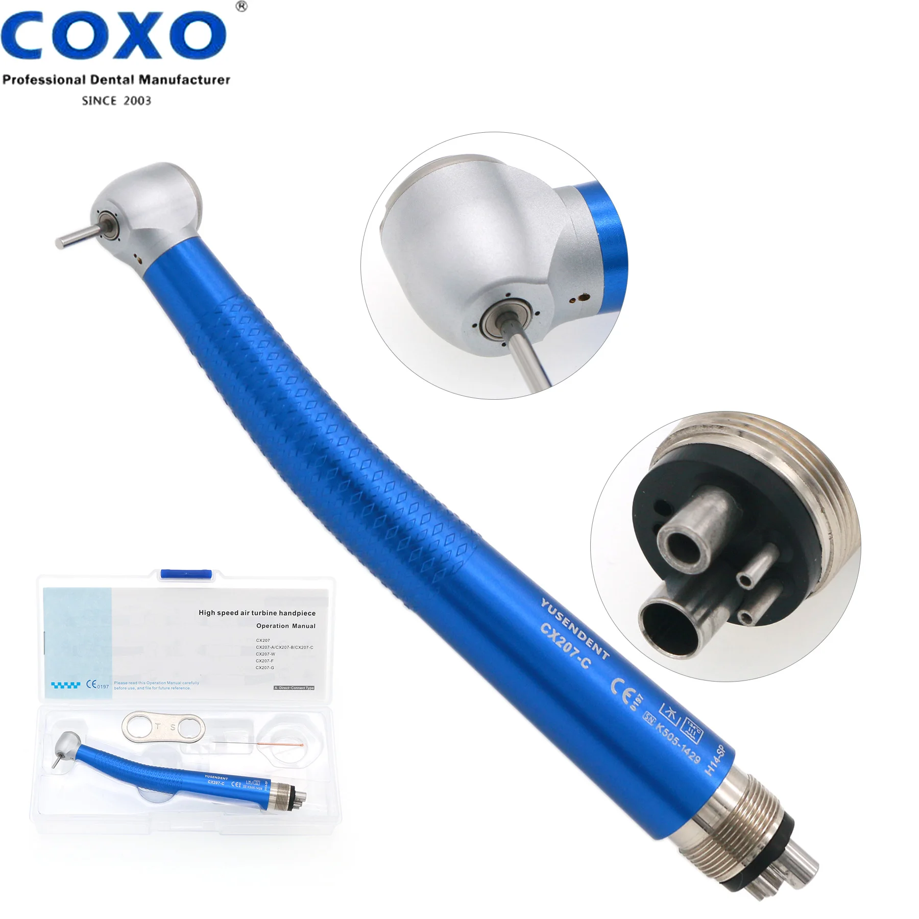 COXO YUSENDENT Dental High Speed Handpiece 4Hole Standard Head Single Water Spray Push Button Blue
COXO YUSENDENT Dental High Speed Handpiece 4Hole Standard Head Single Water Spray Push Button Blue