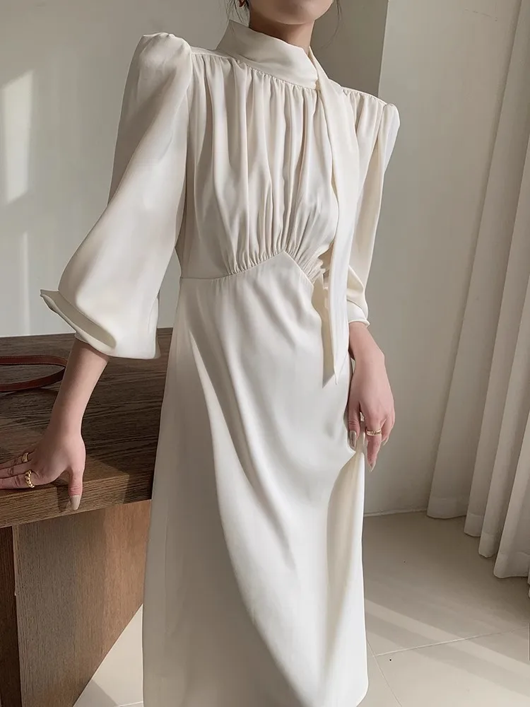 

French Elegant Women Stain Midi Dress 2023 Fashion Lantern Sleeve Solid Female Party Maxi Dresses Autumn V-neck Vestidos Robe