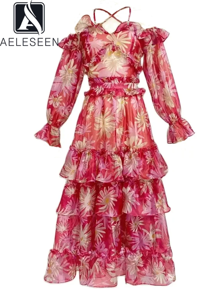 

AELESEEN Bohemian Spring Summer Chiffon Dress Women Design Fashion Spaghetti Strap Edible Tree Fungus Flower Print Ruffles Party