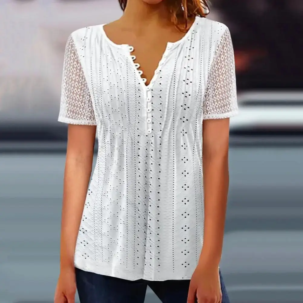 V Neck Summer Ladies Shirt Button Half Placket Lace Hollow Out Short Sleeve Solid Color See-through Women Blouses Top T-shirts
V Neck Summer Ladies Shirt Button Half Placket Lace Hollow Out Short Sleeve Solid Color See-through Women Blouses Top T-shirts