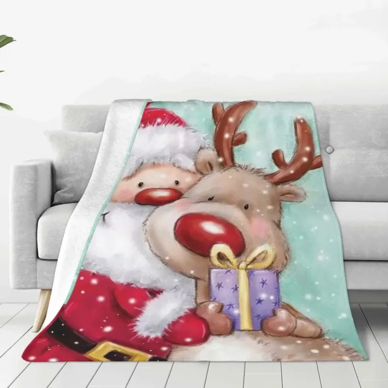 

Christmas Cute Santa Deer Blankets Flannel All Season New Year Gnome Portable Super Soft Throw Blanket for Sofa Couch Quilt