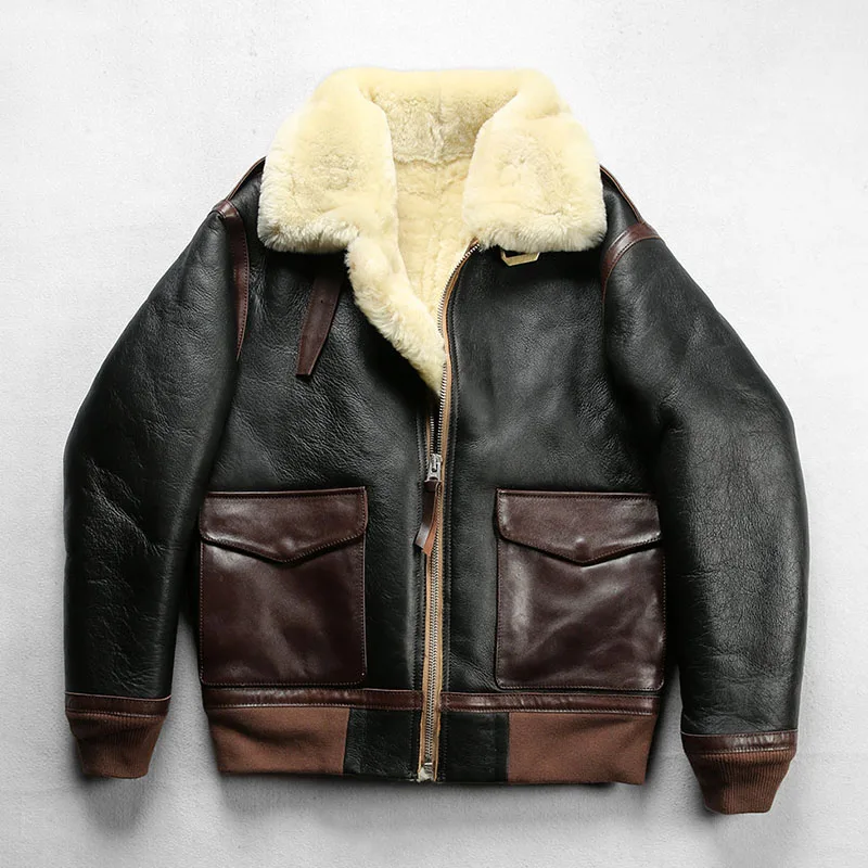 

winter men's new American A2 pilot fur one lapel thickening warmth cold casual sheepskin fur flight suit leather jacket fashion