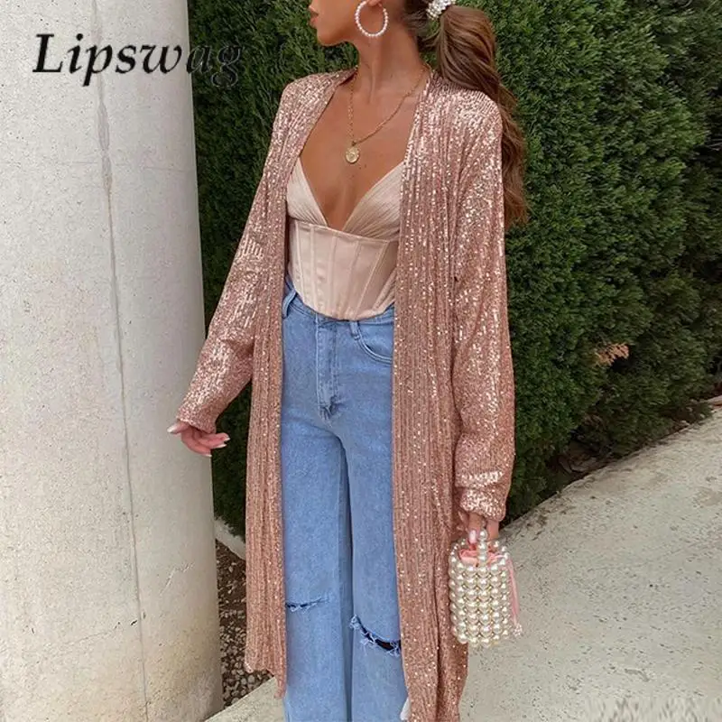 Elegant Solid Color Sequined Straight Coat Women Autumn French Long-Sleeved Cardigan Fashion High Street Shiny Street Long Coat
Elegant Solid Color Sequined Straight Coat Women Autumn French Long-Sleeved Cardigan Fashion High Street Shiny Street Long Coat