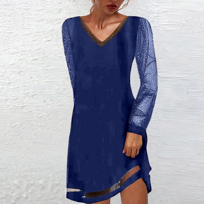 

Весна 2024, элегантное кружевное платье с V-образным вырезом, женское Привлекательное платье-трапеция в стиле пэчворк с сетчатым рукавом, Осеннее яркое строгое платье с блестками
