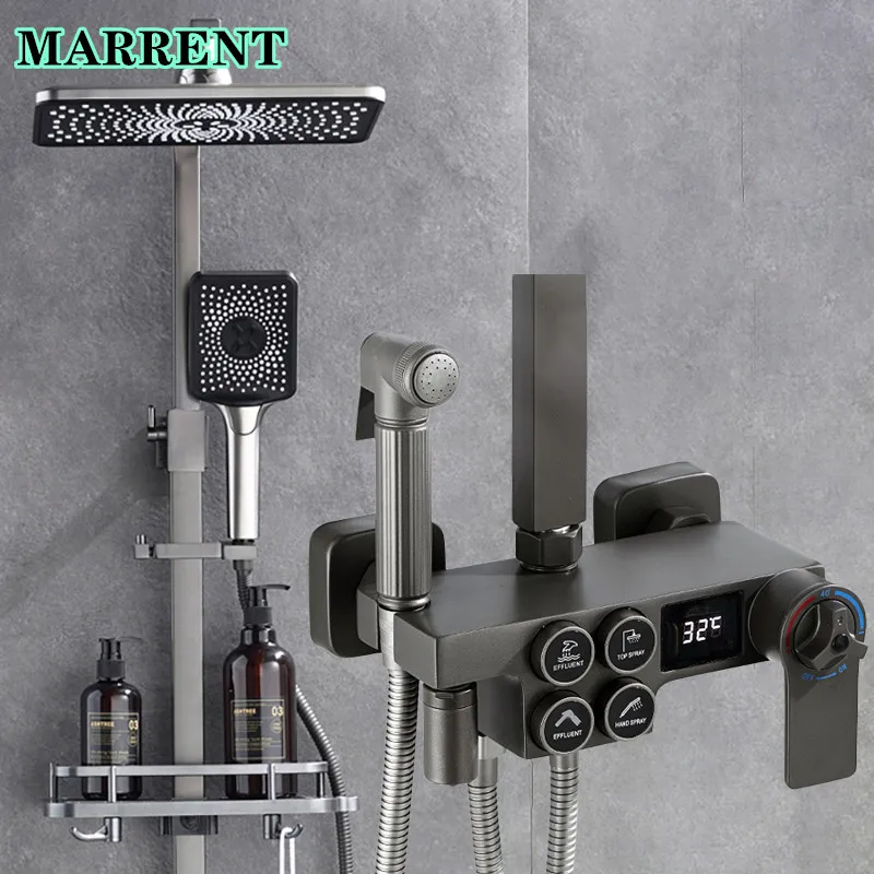 Grey Thermostatic Bath Shower System Hot Cold Waterfall Bathroom Shower Mixer Faucets Luxury Brass Digital Bathroom Shower Set
Grey Thermostatic Bath Shower System Hot Cold Waterfall Bathroom Shower Mixer Faucets Luxury Brass Digital Bathroom Shower Set