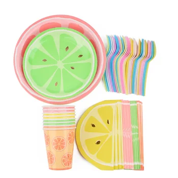 Lemon Fruit Theme Plate Cup Napkin Tablecloth Spork Disposable Cutlery Summer Fruit Party Decoration Layout Supplies