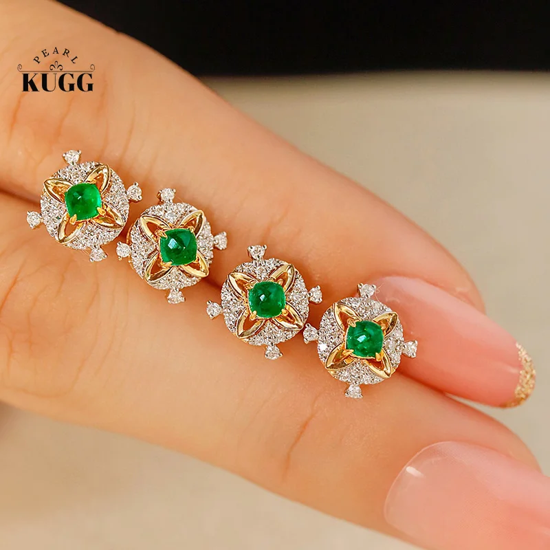 

KUGG 18K Yellow Gold Earrings Romantic Elegant Style Real Natural Emerald Gemstone Earrings for Women Shiny Diamond Jewelry