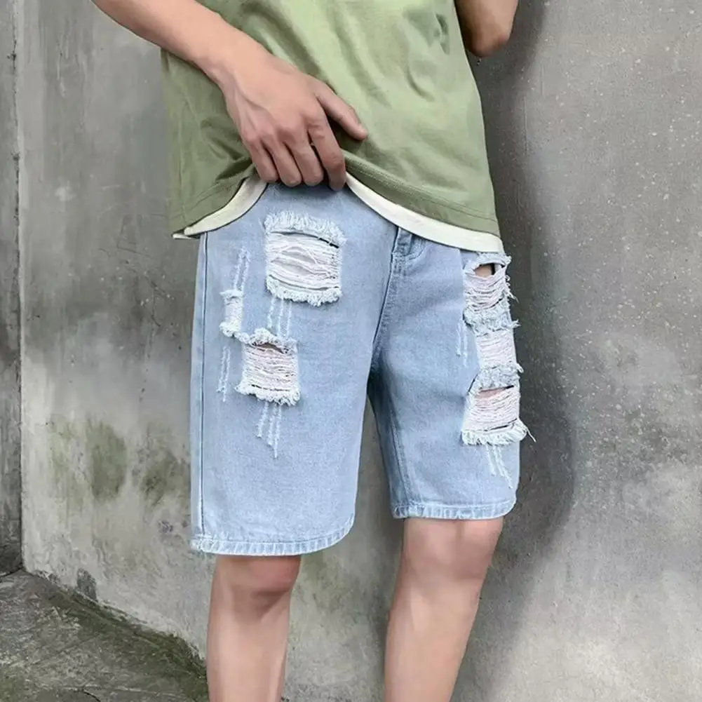 

Men Denim Shorts Button Zipper Fly Ripped Holes Tassel Shorts Wide Leg Pockets Design Summer Short Pants Streetwear