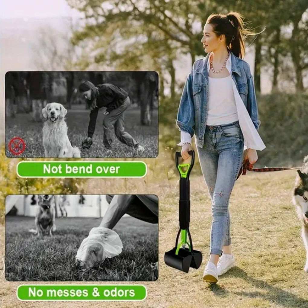 Dog Poop Scooper | Jaw Clamp Heavy Duty Poop Scooper A lifestyle collage showing a woman walking her dog. Two black-and-white sub-images with "X" marks show the discomfort of bending over or dealing with odors, contrasted with the main color image of the woman standing upright and easily carrying the scooper.
