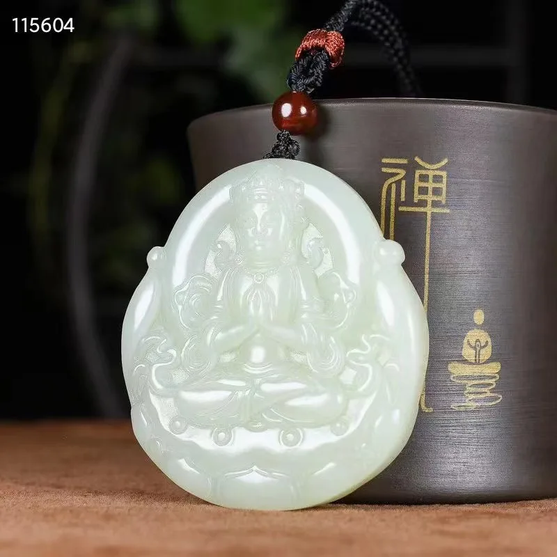 

Natural 100% real white hetian jade carve guanyin bless peace pendant jewellery Handle piece for men woman gifts good luck