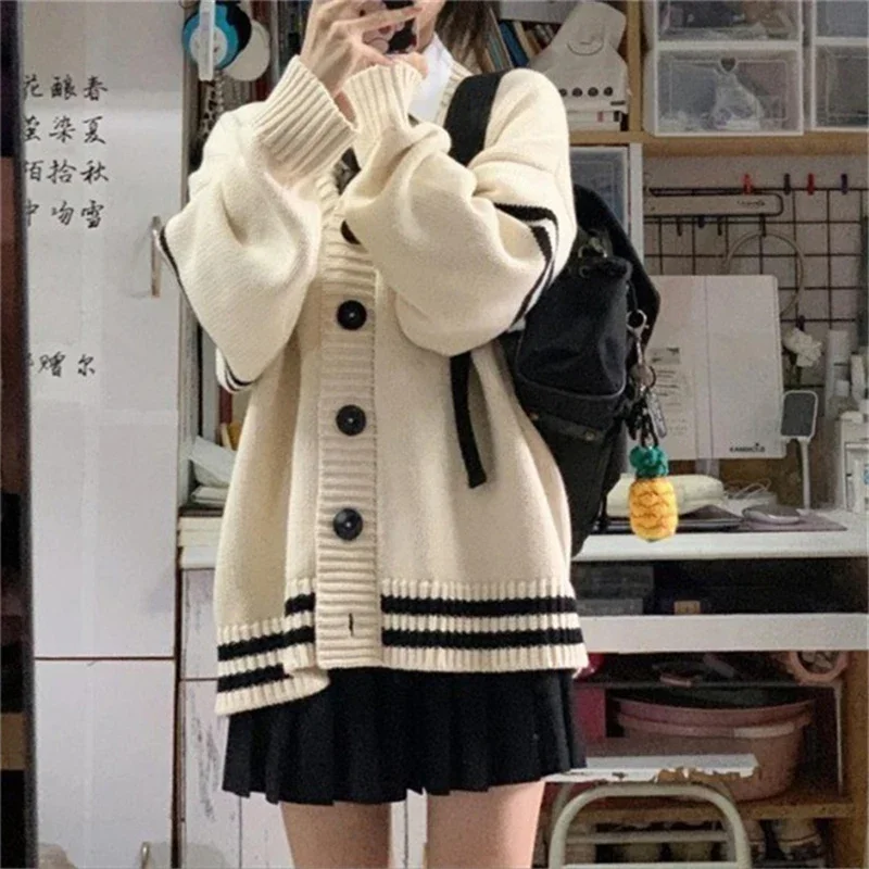 

Повседневный женский свитер, весенне-осенний корейский Полосатый Свободный кардиган с длинным рукавом на пуговицах, уличная одежда в стиле Харадзюку Y2K, женские вязаные пальто