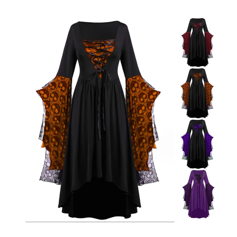 

S-5XL Gothic Halloween Costume Witch Vampire Medieval Cosplay Ghost Dresses Up Party Printed Medieval Ghost Bride Female Clothes