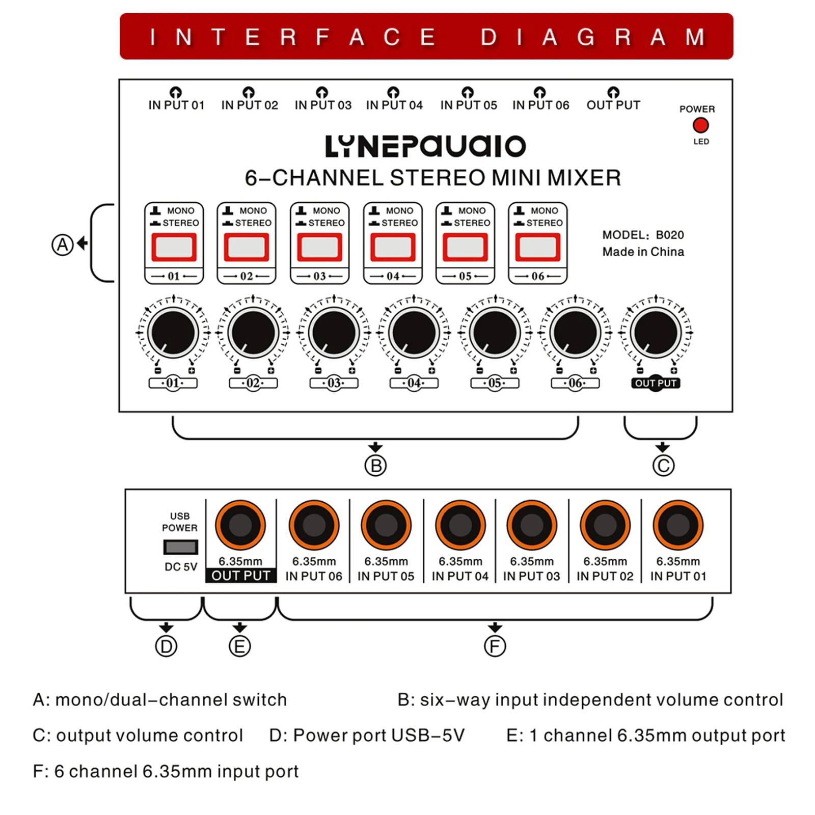 Mini 6-Channel Stereo Audio Mixer Musical Instrument Mixer Electric Wind/Electric Guitar/Drums Mixer Low Noise 6.35 Interface
Mini 6-Channel Stereo Audio Mixer Musical Instrument Mixer Electric Wind/Electric Guitar/Drums Mixer Low Noise 6.35 Interface