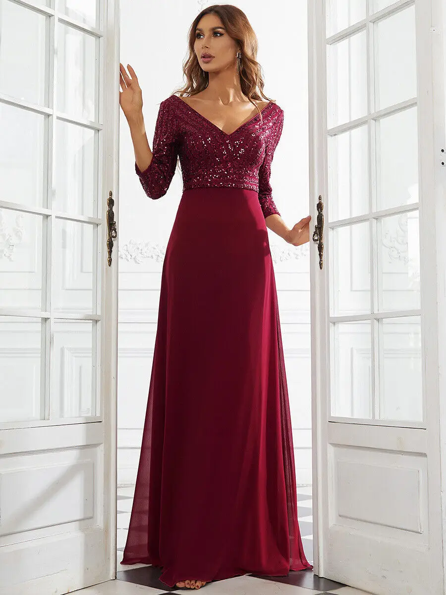 

Elegant Burgundy Wedding Bridesmaid Dress Women V-neck Seven-quarter Sleeve Sparkly Evening Party Gown Chiffon Maxi Prom Dresses