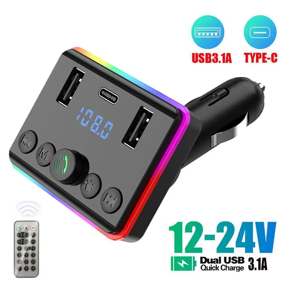 

Car Bluetooth 5.0 FM Transmitter PD Type-C Dual USB 3.1A Fast Charger Colorful Ambient Light Handsfree MP3 Modulator Player