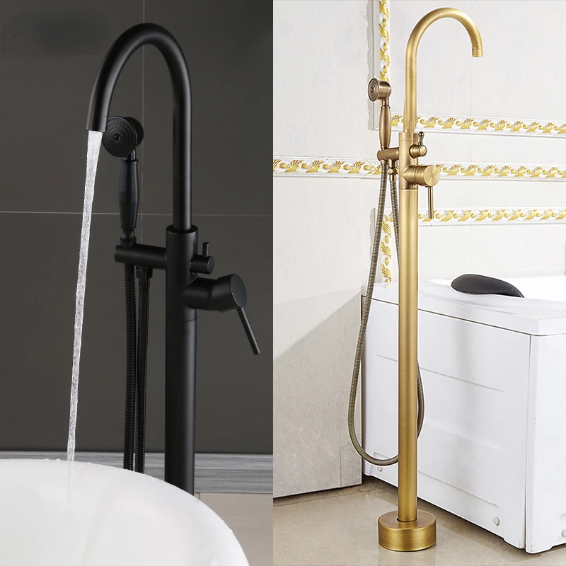 

Black Bronze Antique Floor Stand Bathtub Faucets with Hand Shower Standing Bath Faucet Single Handle Mixer Tap