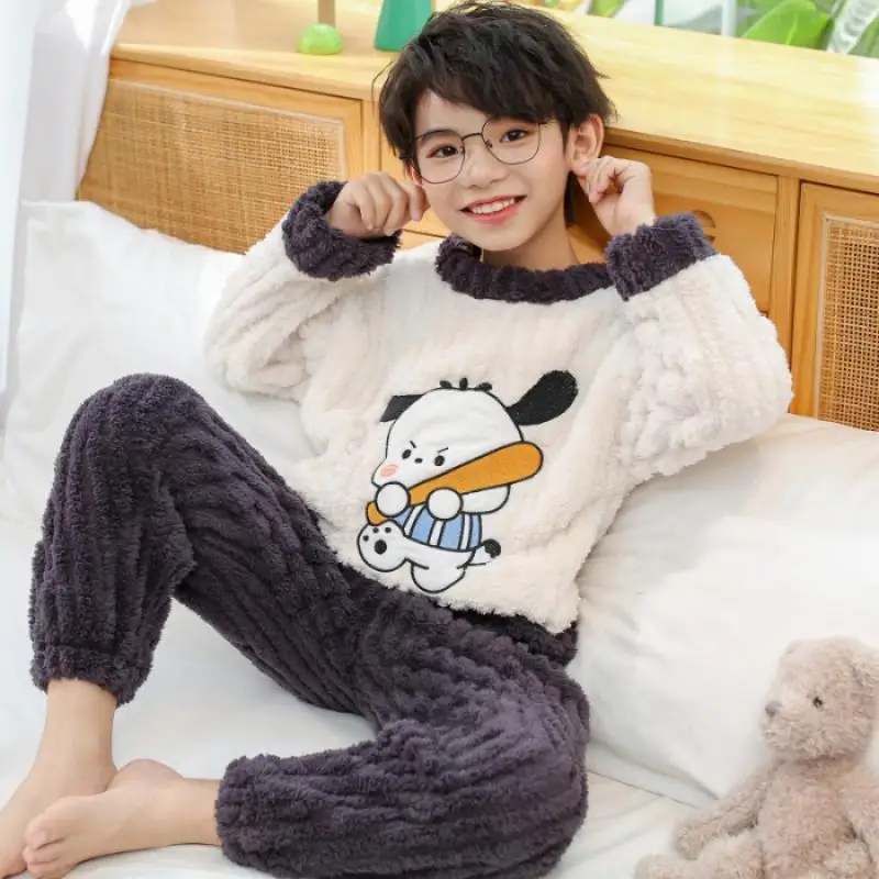 

2023 New Kawaii Sanrio Pochacco Children's Coral Velvet Pajamas Cute Anime Cartoon Boys and Girl Thickened Flannel Home Wear Set