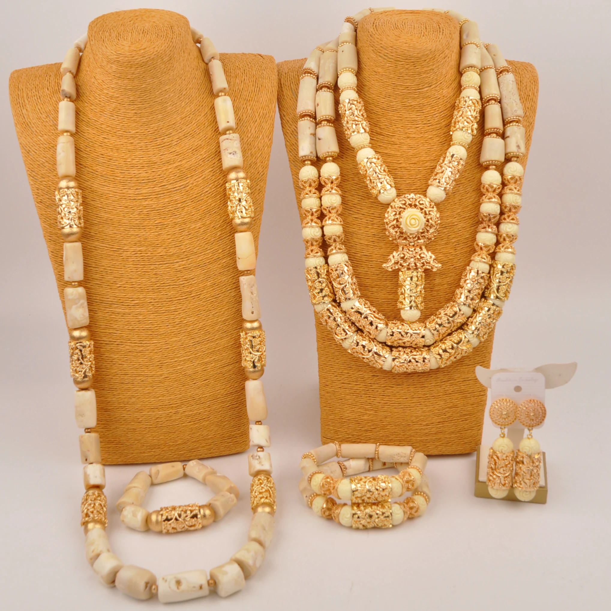 

Natural White Coral Necklace Nigerian Wedding African Beads Jewelry Set for Couple