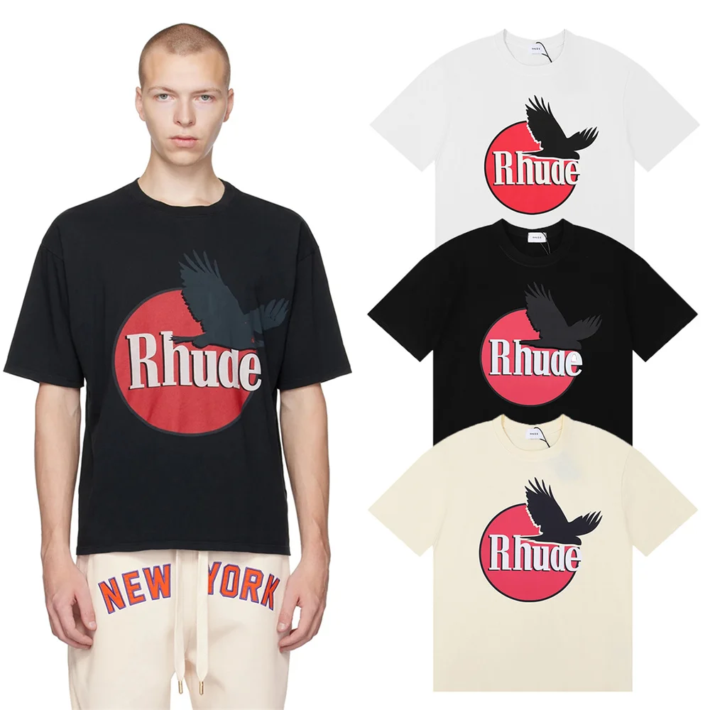 

New RHUDE Hip Hop Letters logo Printing Classic Logo TShirt Men Women Couple Black White Apricot T-Shirt Oversized Top With Tag