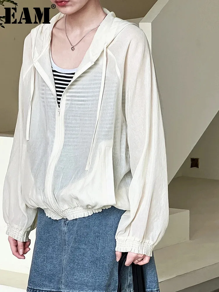 

[EAM] Women Apricot Thin Perspective Big Size Blouse New Hooded Long Sleeve Shirt Fashion Tide Spring Summer 2024 1DH5380