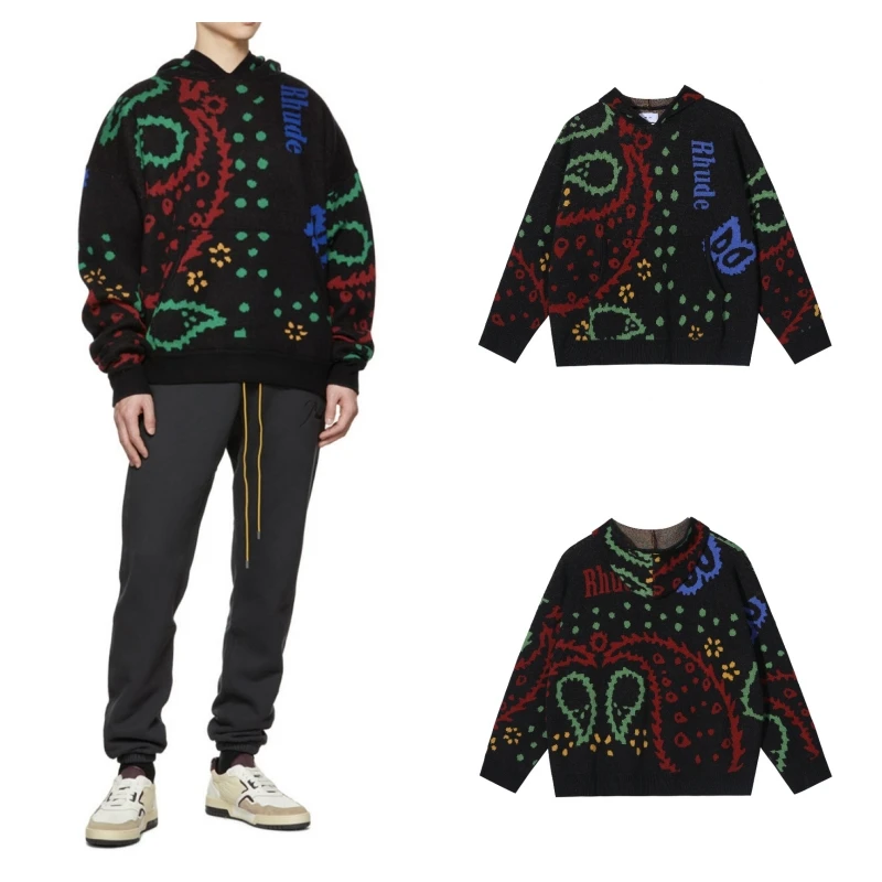 

New Autumn Winter RHUDE Wool Vintage Jacquard Cashew Flower Hooded Sweater Pullover Black Mens Outdoor Jacket Sweater