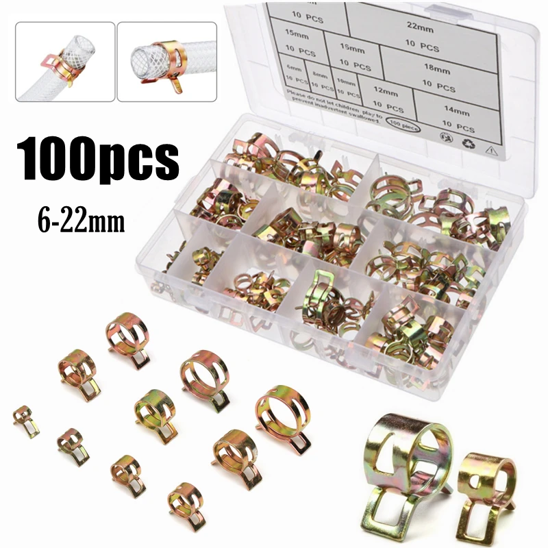 

100Pcs 6-22mm ZInc Plated Spring Hose Clamp Fuel Line Hose Water Pipe Air Tube Clamps Fastener Assortment Kit