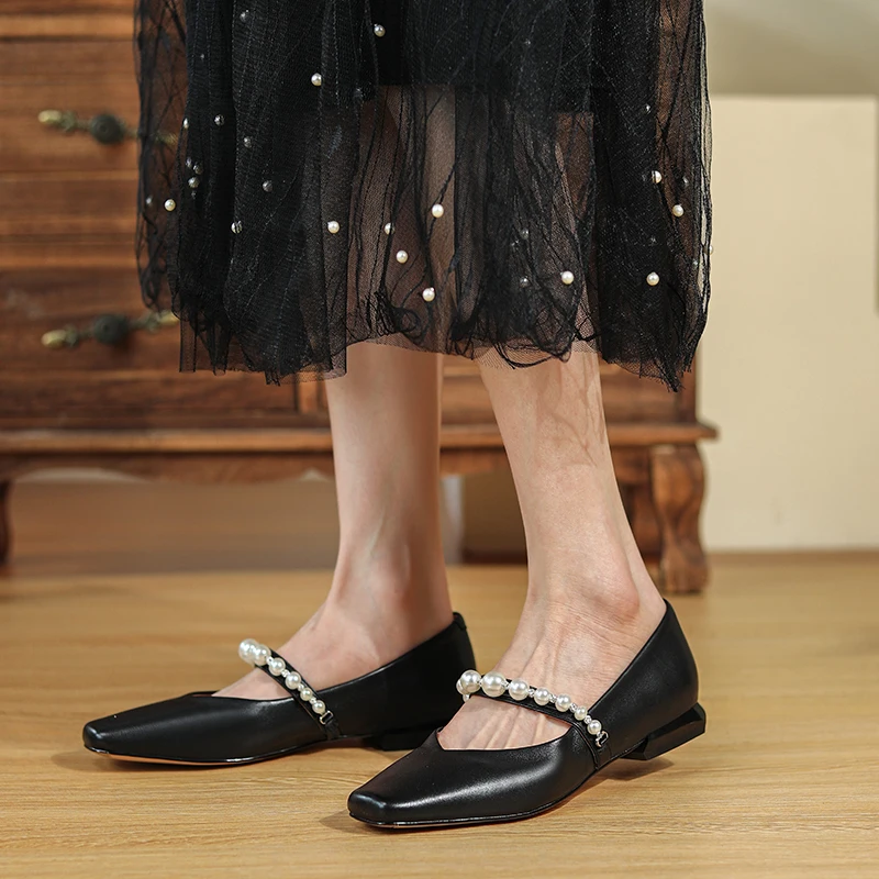 

Women's Flat Shoes Sheepskin Real Leather Square Toe Simple Design Mary Jane Flats French Style Comfort Low Heels With Pearls