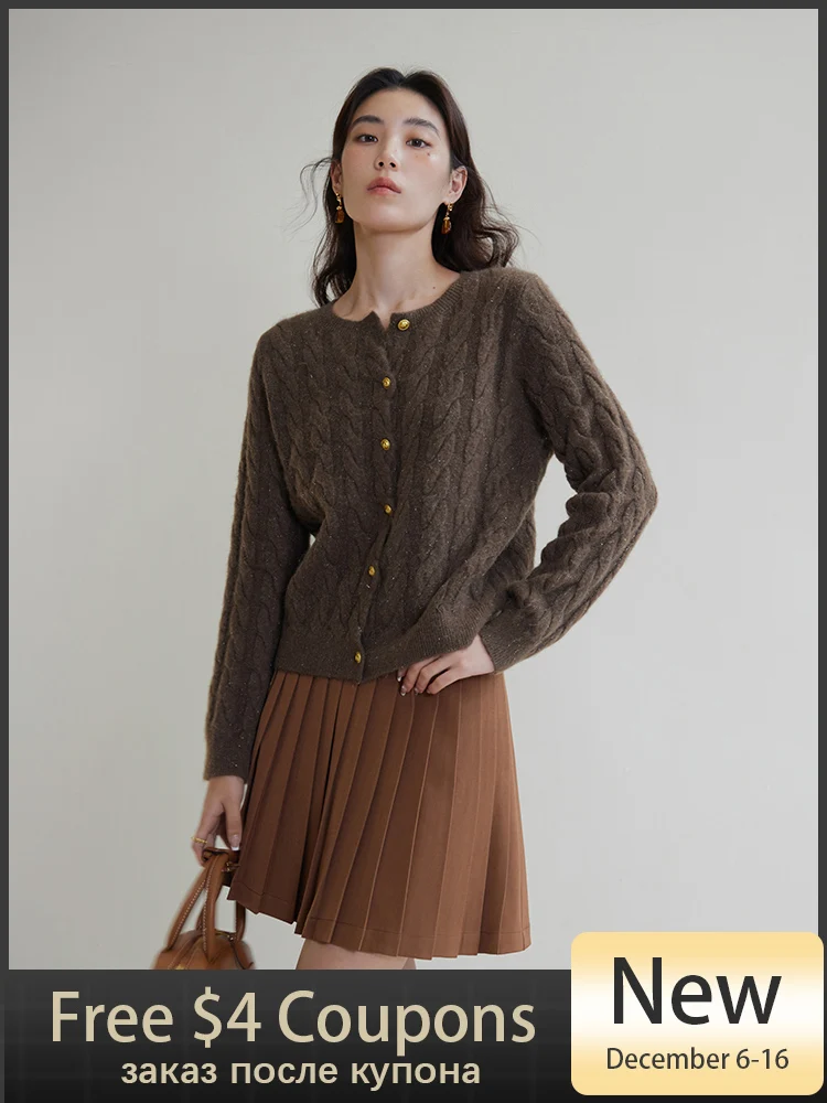 

DUSHU Round Neck Brown Temperament Cardigans Simple Cable knit Winter New Female Beige Sweaters Short Single Breasted Jackets