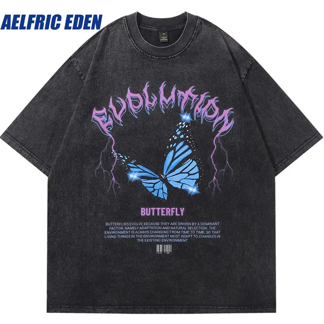 

Aelfric Eden Vintage T-Shirt Hip Hop Butterfly Lightning Graphic Print Oversize Washed Shirts Men Harajuku Punk Gothic Loose Top
