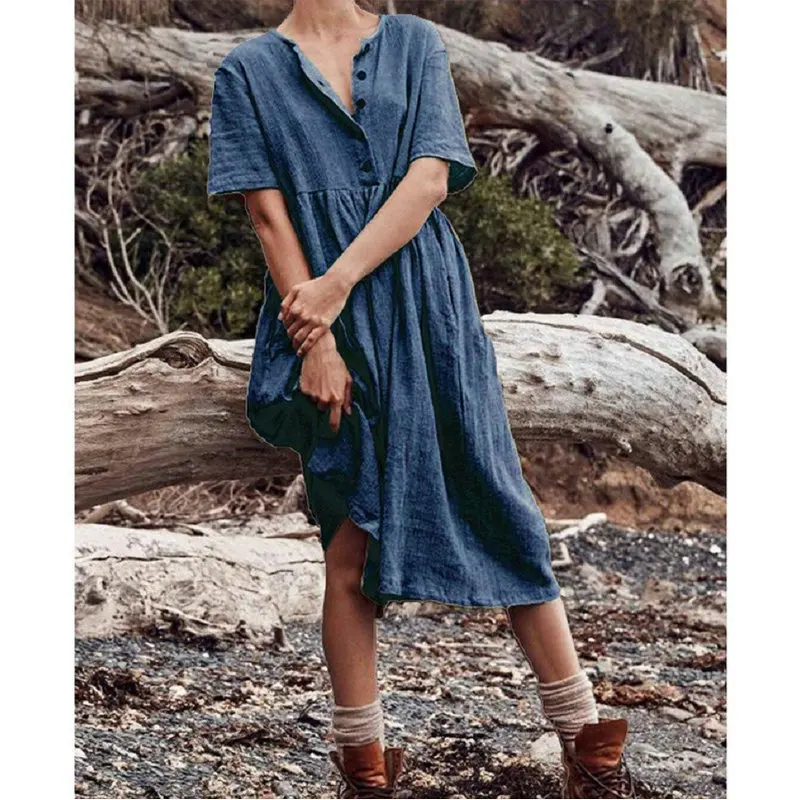 

2022 Women New Summer Cotton Linen Loose Long Midi Dresses Plunging Neckline Short Sleeve Pocket High-Waisted Elegant Skirt Lady