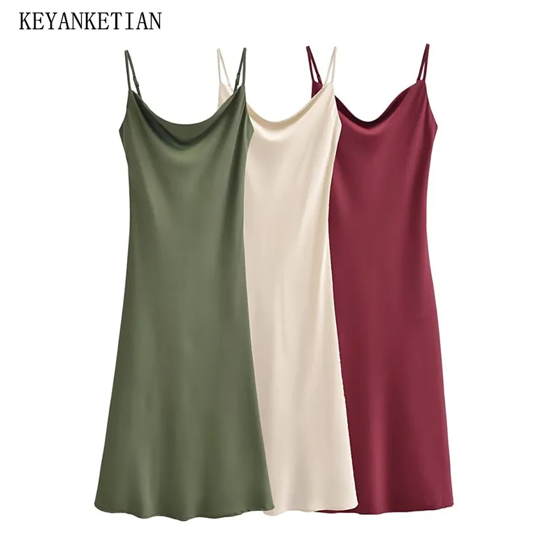 

KEYANKETIAN 2024 New Launch Women's Inner Style Satin Slip Dress Simply Sexy Slim Backless Spaghetti Strap Ankle MIDI Dress